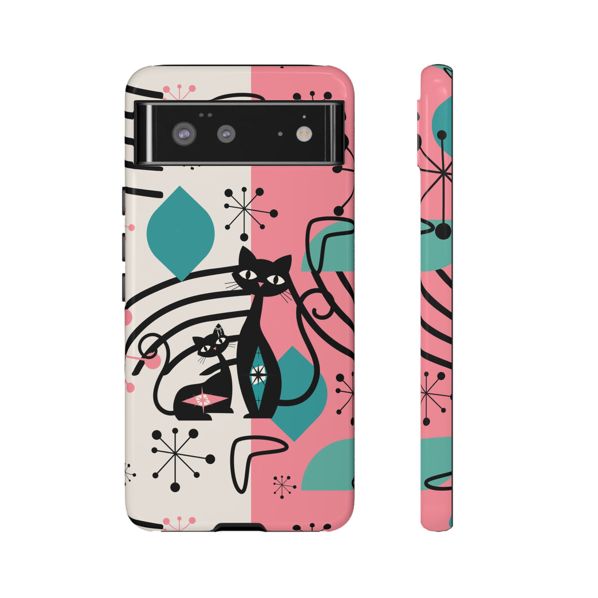 Mid Mod Atomic Cat Boomerang Starburst, Pink, Black Kitschy Stylish Cat Phone Case: Modern Design for Cat Lovers