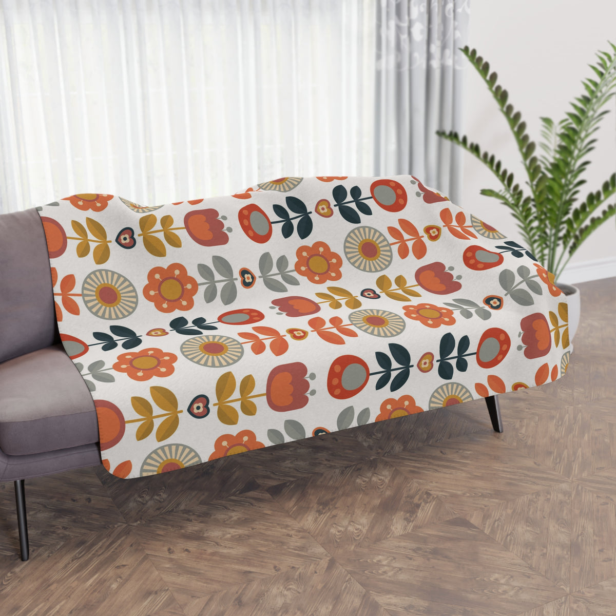 Retro Scandinavian Modern Danish Cozy Floral Tan Sherpa Blanket - Soft Throw Blanket for Home Decor & Gifts - Mid Century Modern Gal