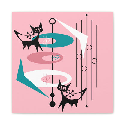 Atomic Cat Pink Abstract Minimalist Mid Century Modern Wall Canvas Art - Modern Geometric Wall Decor