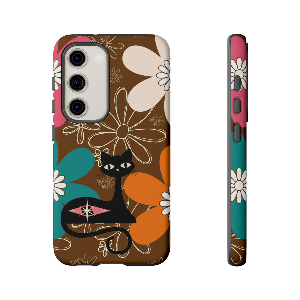 Atomic Cat Retro 70s Vibe Flower Power Tough Cases: Cute Floral and Cat Phone Case for Cat Lovers - Mid Century Modern Gal