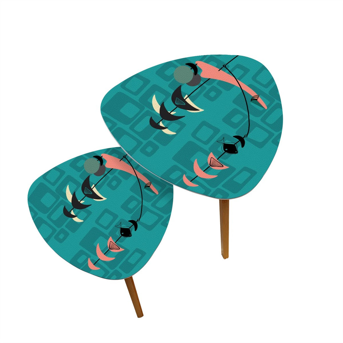 Mid Century Modern Fish Art Nesting Tables, Kitschy Mod Teal Geometric Pattern - Mid Century Modern Gal