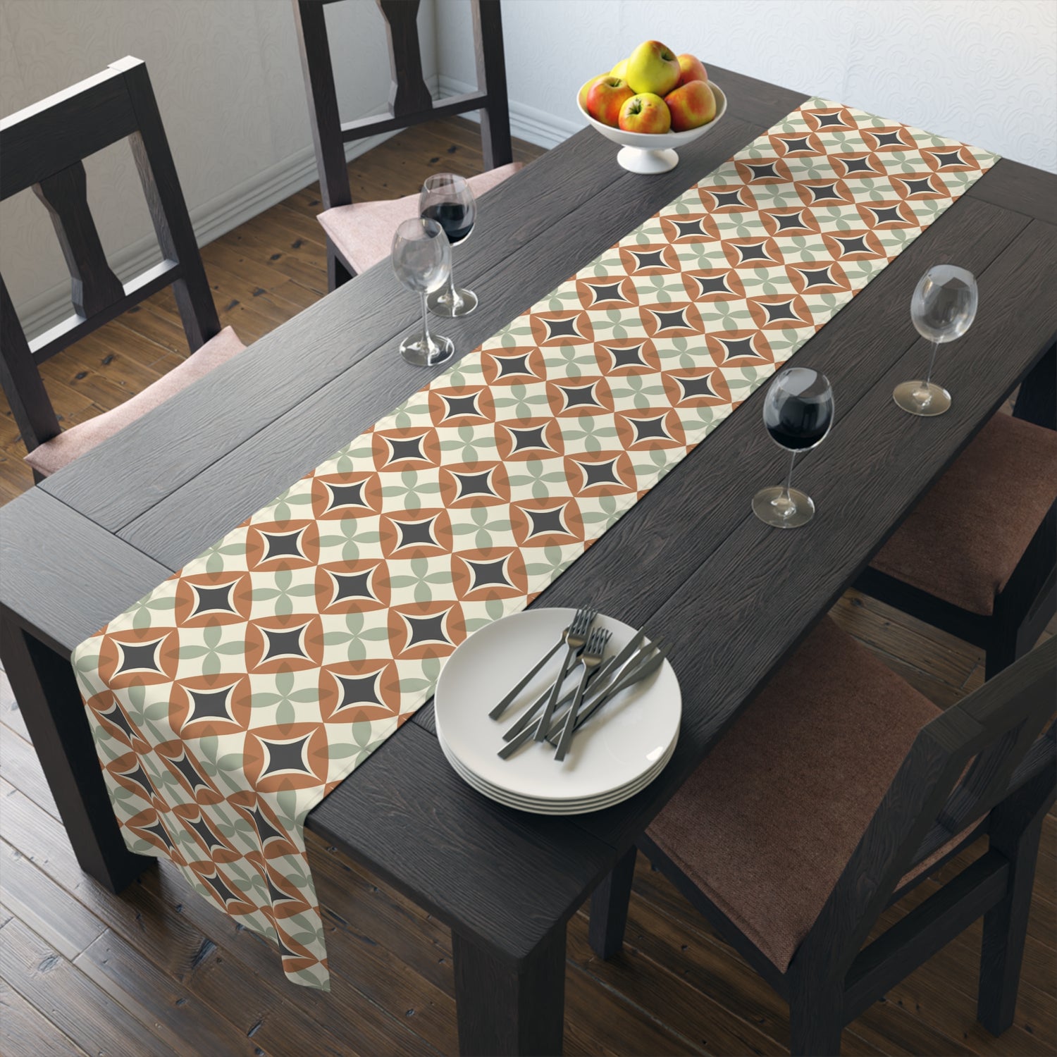 Mid Century Modern Interlocking Geometric, Terracotta Sage Charcoal Table Runner - Mid Century Modern Gal