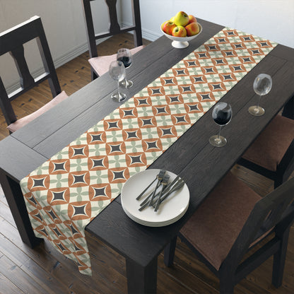Mid Century Modern Interlocking Geometric, Terracotta Sage Charcoal Table Runner - Mid Century Modern Gal