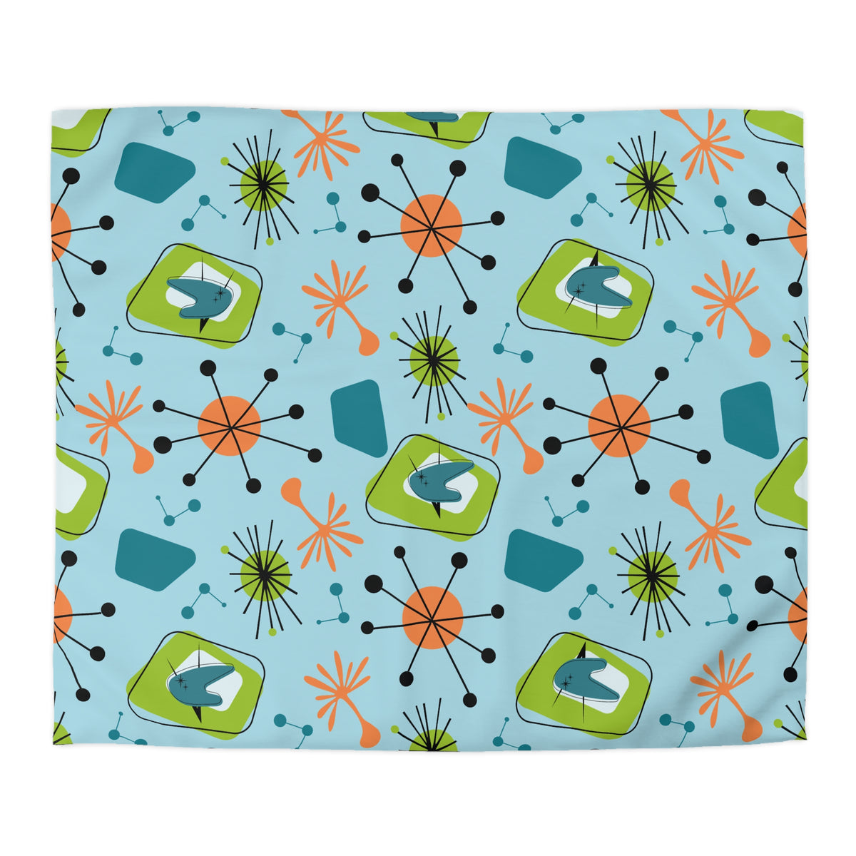 Mid Century Modern Duvet Cover, Atomic Starbursts Boomerangs, Orange, Blue, Green  Duvet Cover - Mid Century Modern Gal