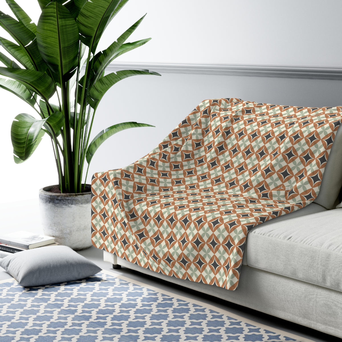 Mid Century Modern Interlocking Geometric, Terracotta Sage Charcoal Sherpa Fleece Blanket - Mid Century Modern Gal