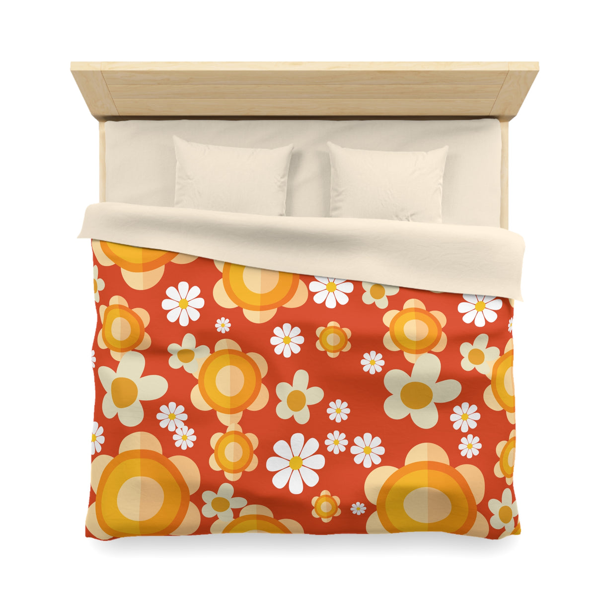 Retro Bedding Orange, White, Mod Daisy 70's Funky Groovy Hippie Queen Microfiber Duvet Cover - Mid Century Modern Gal