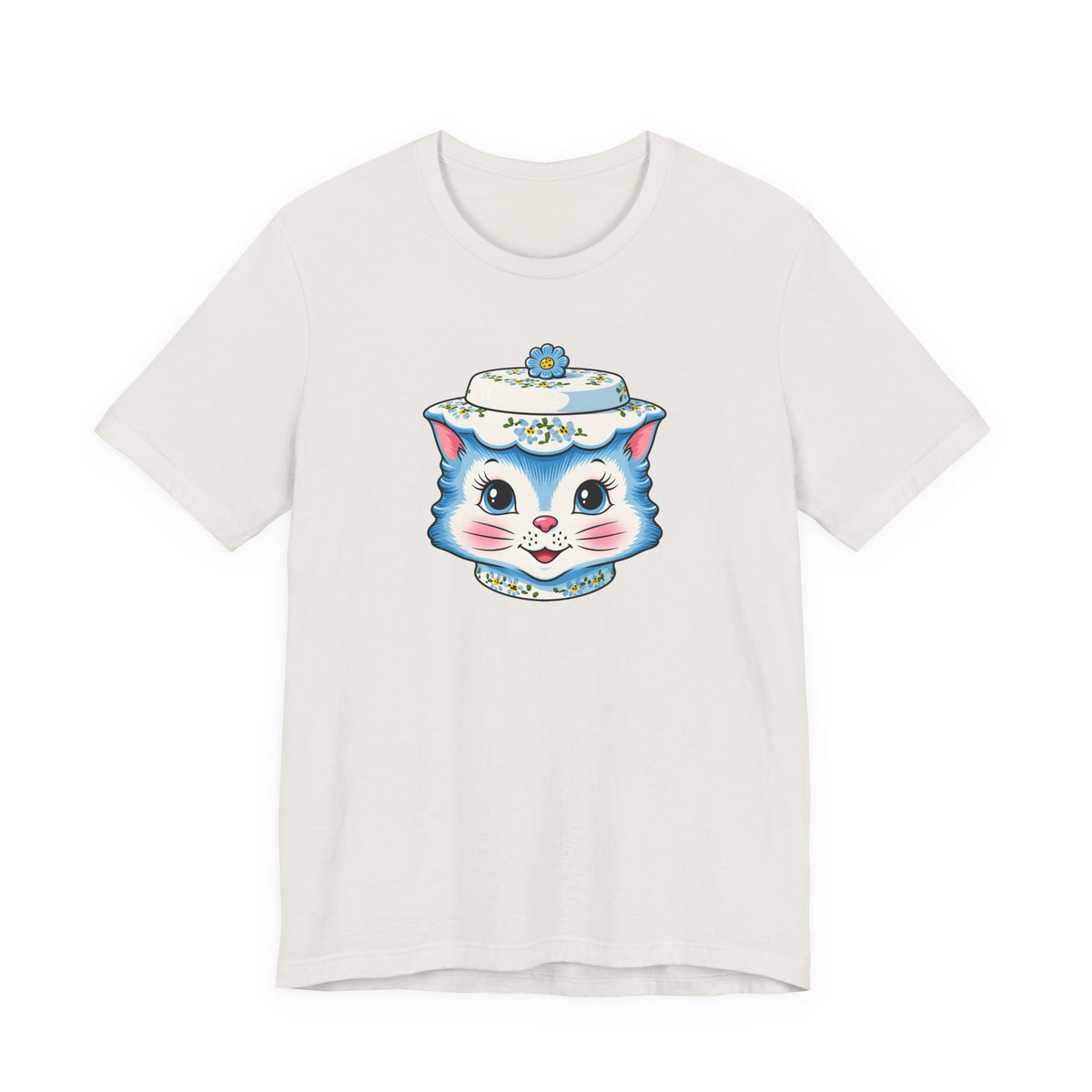 Mid Century Modern Kitschy Anthropomorphic Blue Cat with Floral Hat Unisex T-Shirt