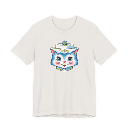 Mid Century Modern Kitschy Anthropomorphic Blue Cat with Floral Hat Unisex T-Shirt