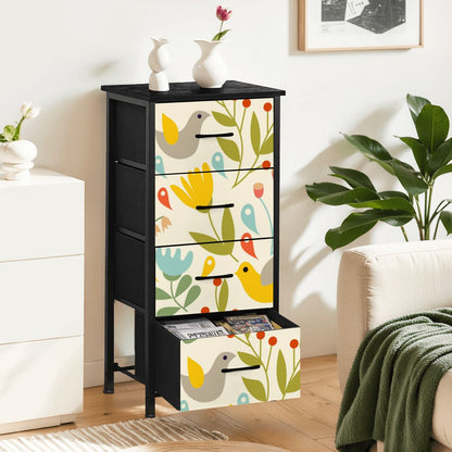 Folk Art, Modern Danish Hygge, Scandinavian, Norwegian, Bird, Floral, Yellow, Orange, Green 4-Drawer Dresser - Mid Century Modern Gal