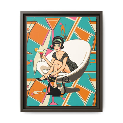 Mid Mod 60s Gal, Atomic Cat Barware Wall Art - Framed Matte Canvas with Vintage Cocktail And Retro Cat Design - Mid Century Modern Gal