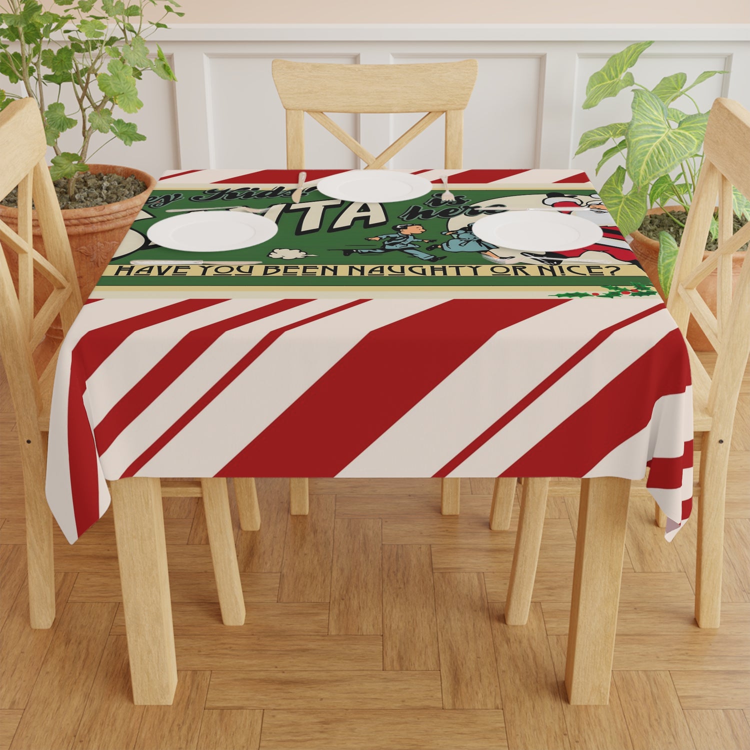 Retro Vintage Fun Red And White Candy Cane Striped Kitschy Santa 50s Christmas Ad Tablecloth