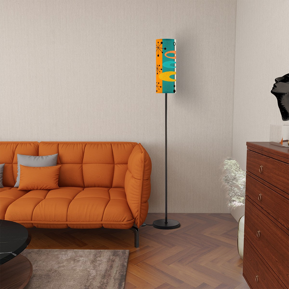 Mid Century Modern Orange, Teal Geometric Mod Atomic Floor Lamp - Mid Century Modern Gal