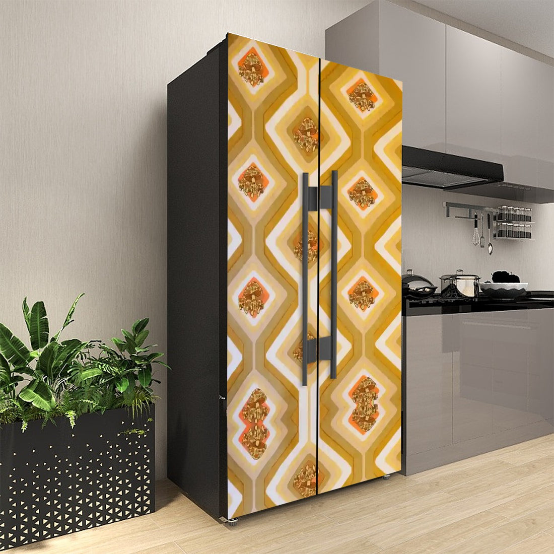 70s Harvest Gold, Merry Mushroom Retro Self Adhesive Refrigerator Wrap Set - Mid Century Modern Gal