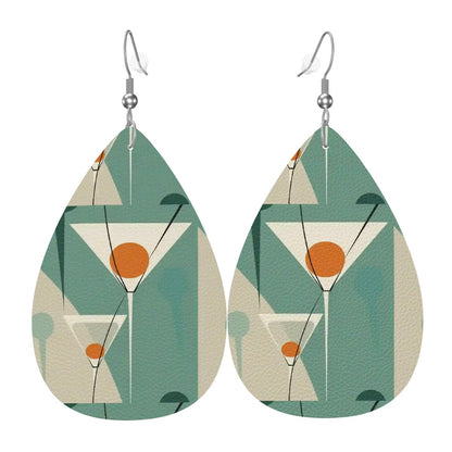 Mid Mod Martini Cocktail Retro Vegan Leather Teardrop Earrings - Mid Century Modern Gal