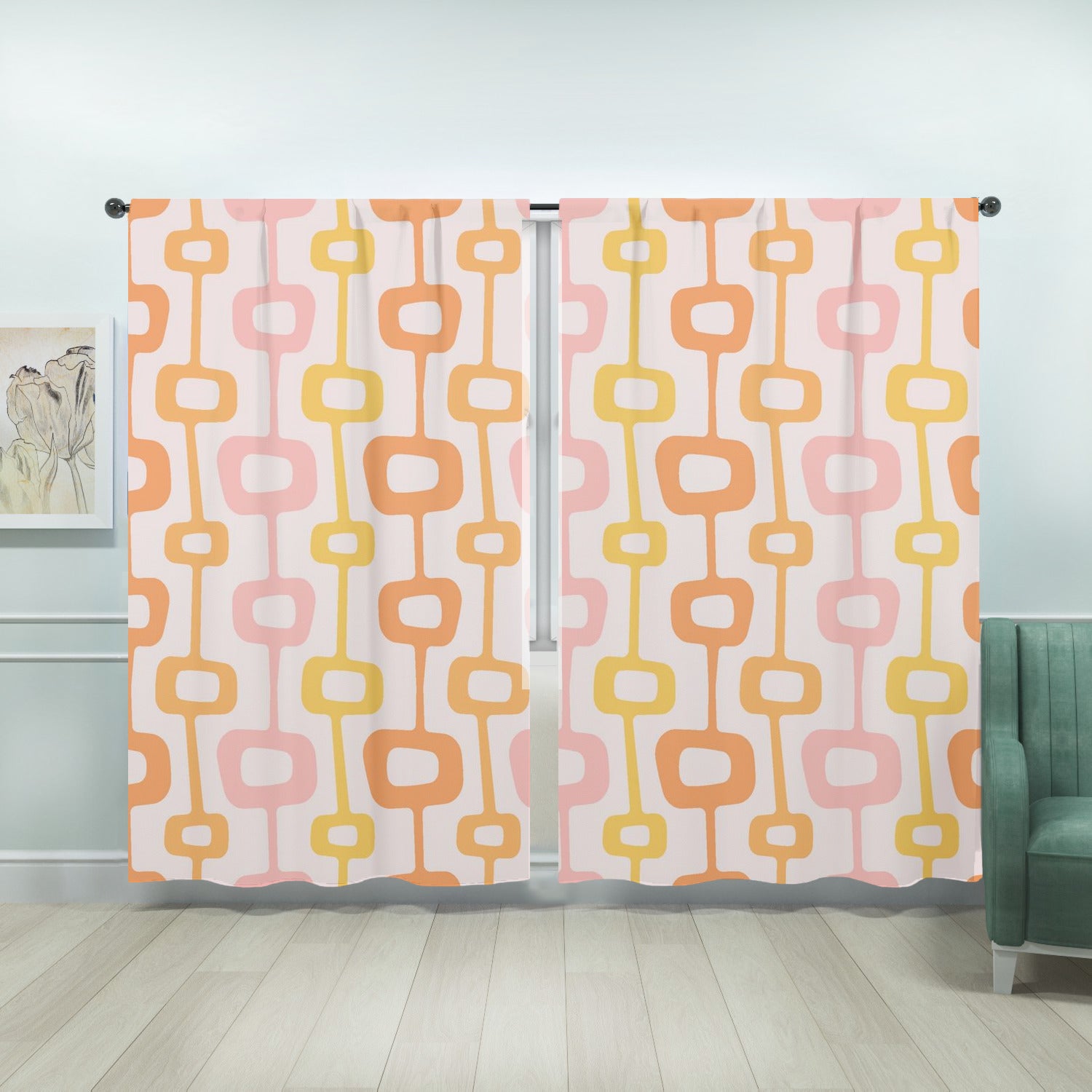 Mid Centuiry Modern Retro Groovy Geometric, Pink, Orange, Yellow MCM Window Curtains (two panels)