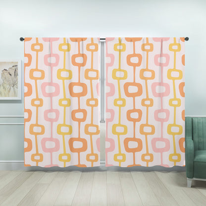 Mid Centuiry Modern Retro Groovy Geometric, Pink, Orange, Yellow MCM Window Curtains (two panels)