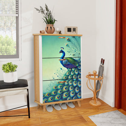Peacock Watercolor Chinoserie Designed Blue Green, Modern Shoe Cabinet - Mid Century Modern Gal