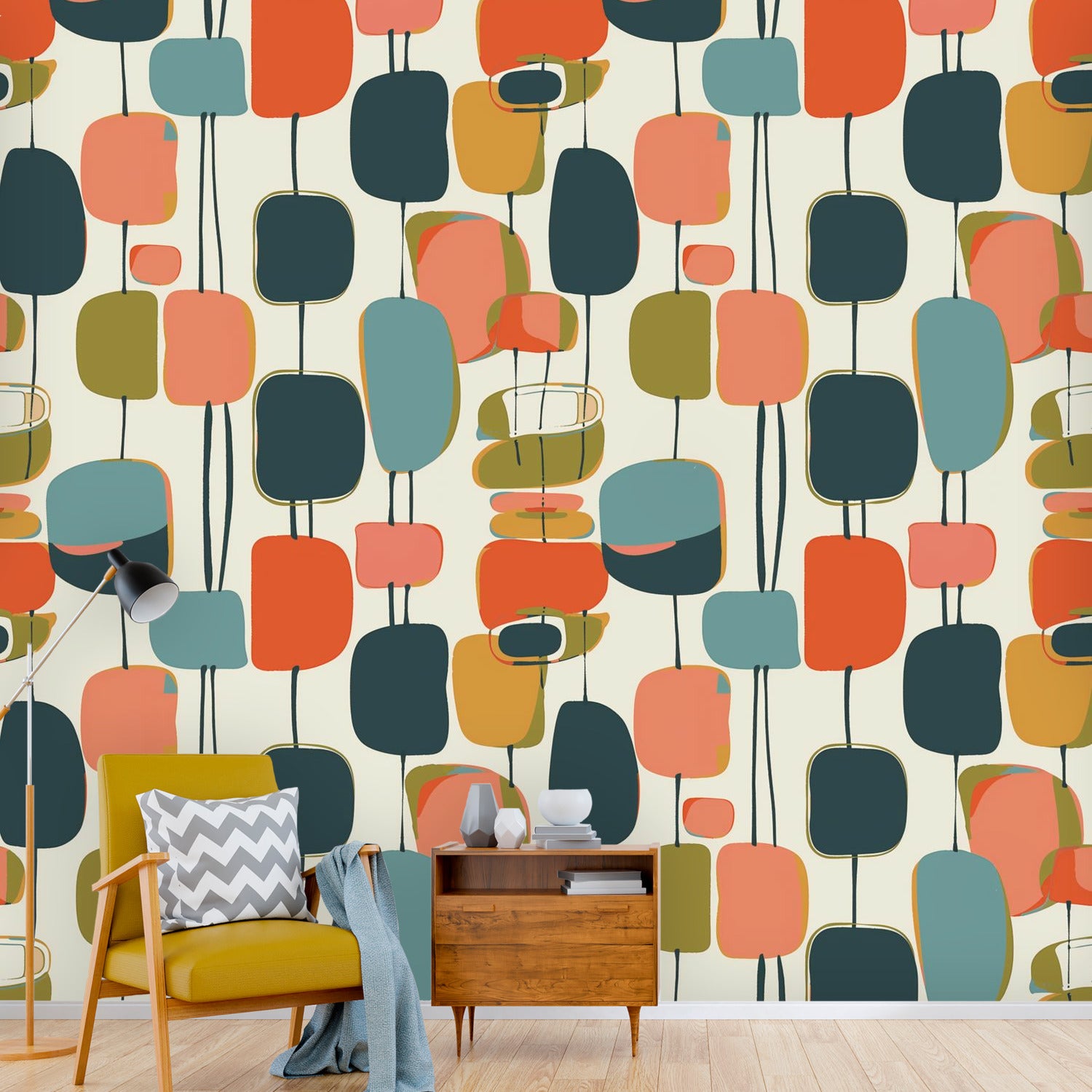 Mid Century Modern Wallpaper Wall Murals Peel And Stick, Funky Mod Wall Decor