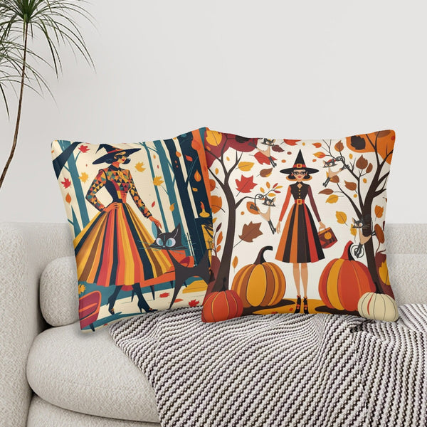 Mid Century Modern Fall, Halloween Kitschy Mod Witches, Atomic Quirky Cats Seasonal Pillow Covers