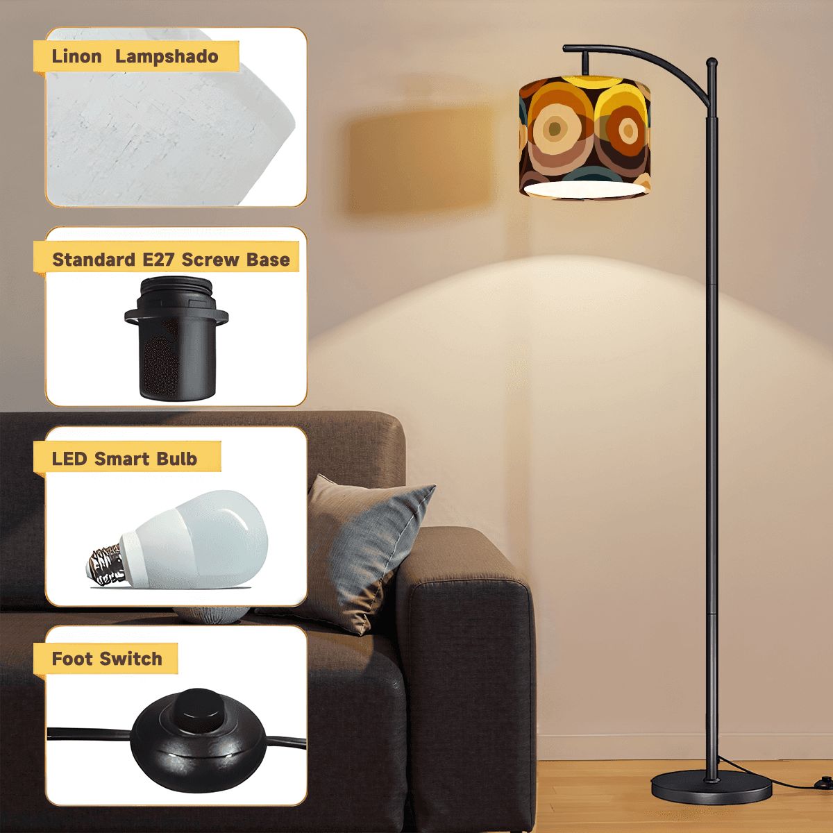 Mid Century Modern Groovy Retro Orbs, 70s Vibes Brown Yellow, Vintage Inspired Arc Floor Lamp - Mid Century Modern Gal