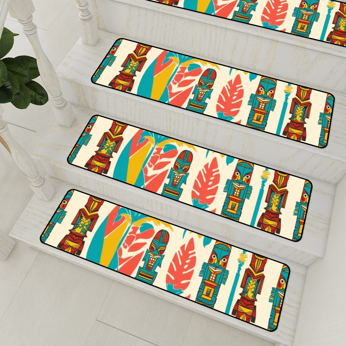 Mid Century Modern Tiki Idols, Coral, Teal Brown Mid Mod Retro Non Slip Carpet for Stairs Treads - Mid Century Modern Gal