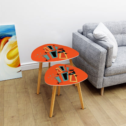 Mid Century Modern Nesting Tables, Orange, Atomic Kitschy Cat, Retro Triangle Coffee Table Set - Mid Century Modern Gal