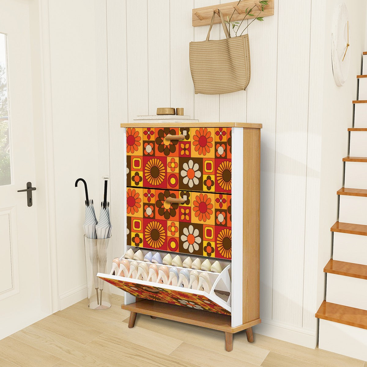 Retro 70s Mod Floral Orange Brown Yellow Mid Mod Hip Mudroom Storage Solution Shoe Cabinet - Mid Century Modern Gal