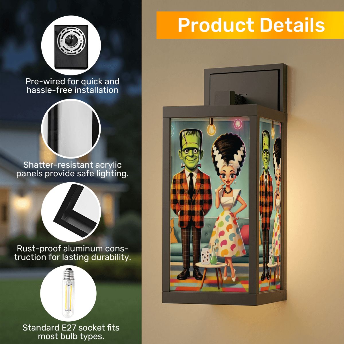 Frankenstein And Bride Kitschy Mod Quirky Fun Classic Monster Patio Wall Light - Mid Century Modern Gal
