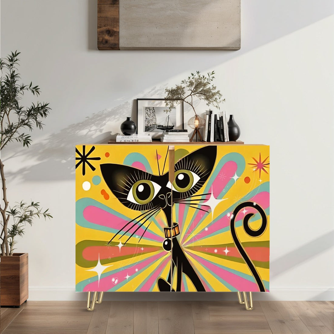 Space Age Atomic Cat, Quirky Funky Mid Mod Credenza Side Board Wooden Storage Cabinet - Mid Century Modern Gal