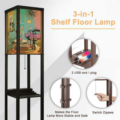 Mid Mod Retro Floor Lamp with Shelves, Adorned With Atomic Kitschy Cats In MCM Livingroom Scene - Mid Century Modern Gal
