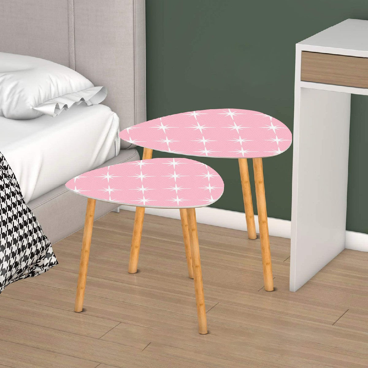 Atomic Pink White Starbursts Retro 50s Mid Century Modern Nesting Tables