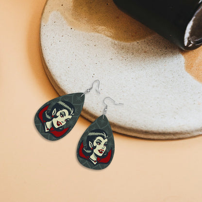 Vampire Dracula Girl Halloween Goth Horror Buff MCM Green Vegan Leather Teardrop Earrings - Mid Century Modern Gal