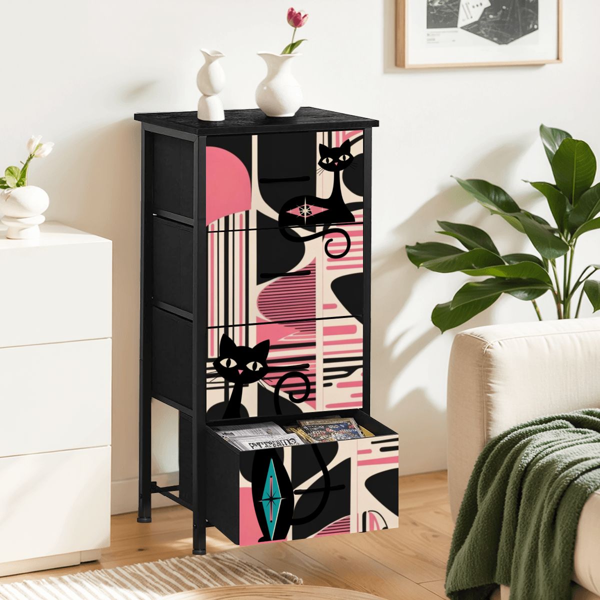 Mid Century Modern Black, Pink Atomic Cats Mid Mod 4-Drawer Dresser - Mid Century Modern Gal