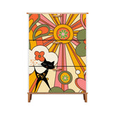Retro Groovy 70s Sunshine Mid Mod Shoe Cabinet Adorned WIth Hippie Vibes And Atomic Cat - Mid Century Modern Gal