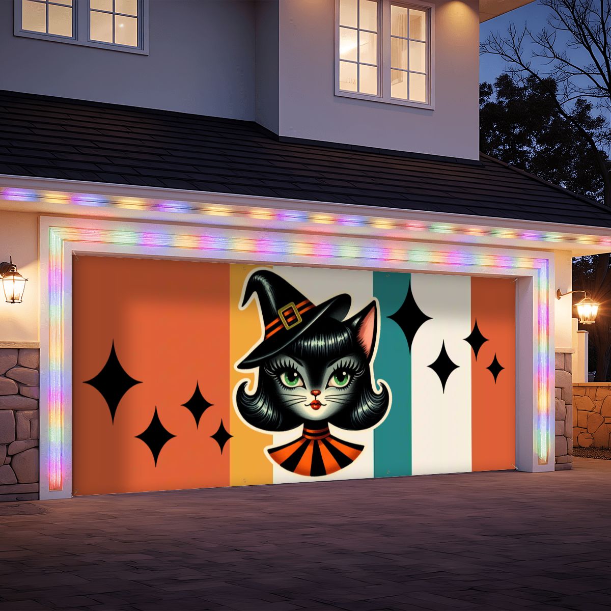 Kitschy Atomic Sexton Cat Halloween, Fall Party Backdrop, Garage Door Banner Backdrop - Mid Century Modern Gal
