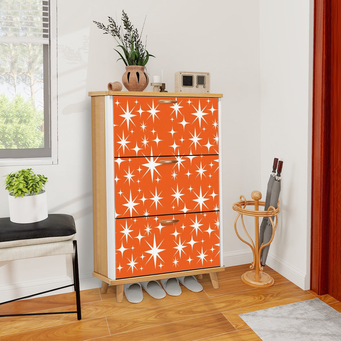 Atomic Starbursts Mid Century Modern Orange Retro Shoe Cabinet