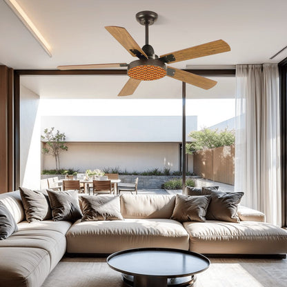 Mid Mod 70s Scandinavian Designed Brown, Orange Yellow MCM Retro Ceiling Fan With Light - Mid Century Modern Gal