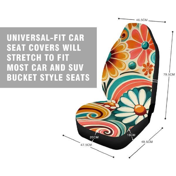 70s Car Seat Covers, Retro Flower Power Hippie Groovy Front And Back Covers