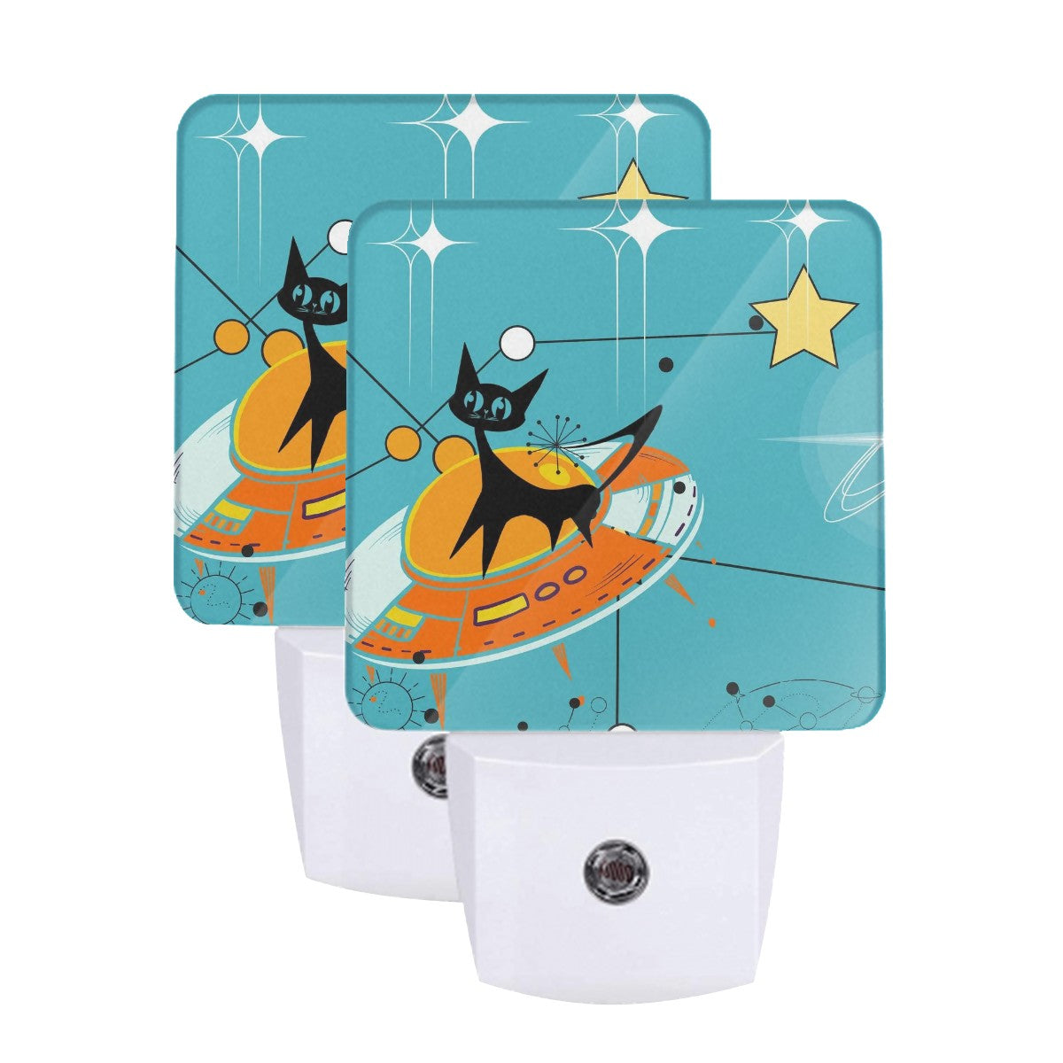 Atomic Space Cat Mid Century Modern Quirky Cute MCM LED Night Light Set of 2