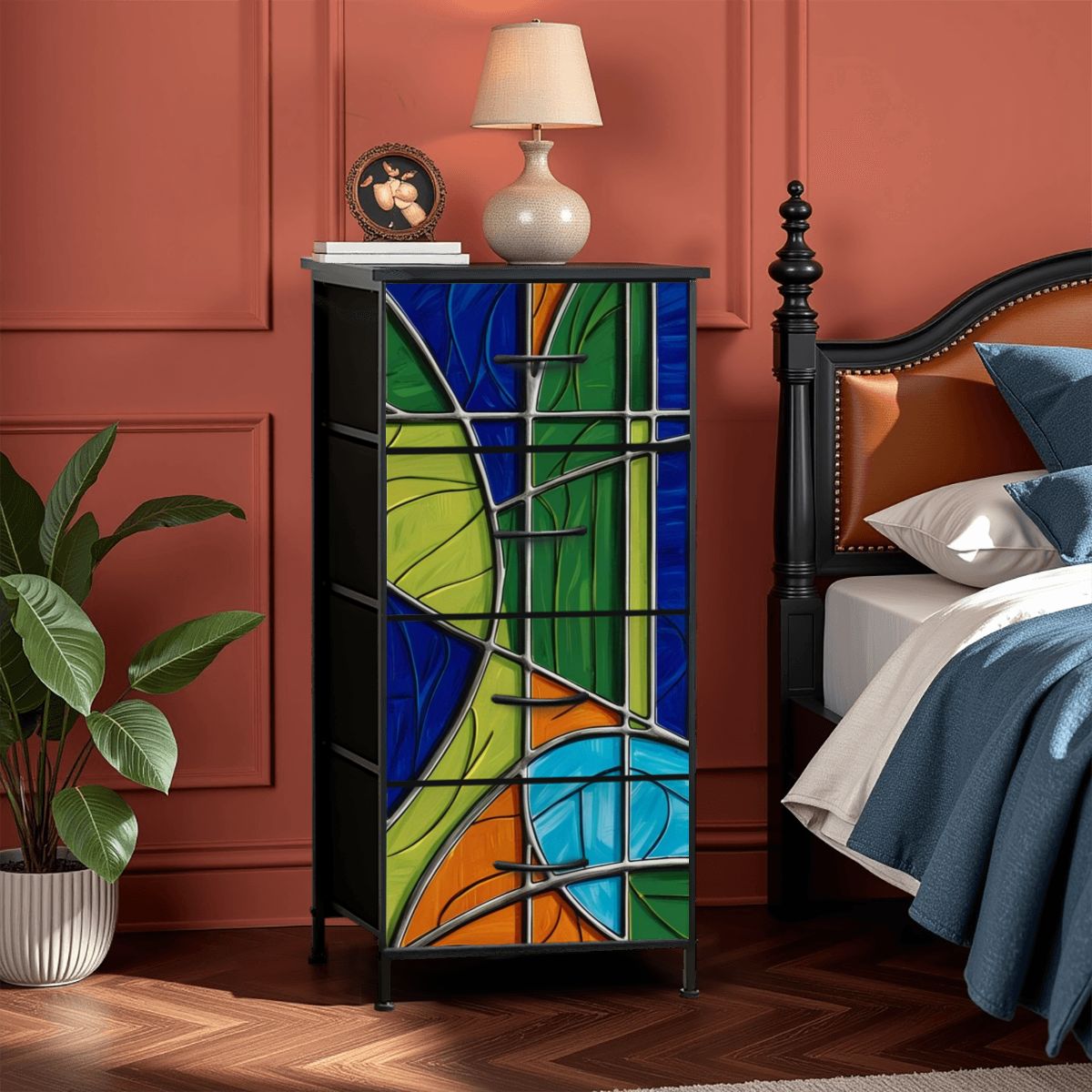 Mid Century Modern Green Blue Orange Purple Faux Stained Glass Designed 4-Drawer Dresser - Mid Century Modern Gal