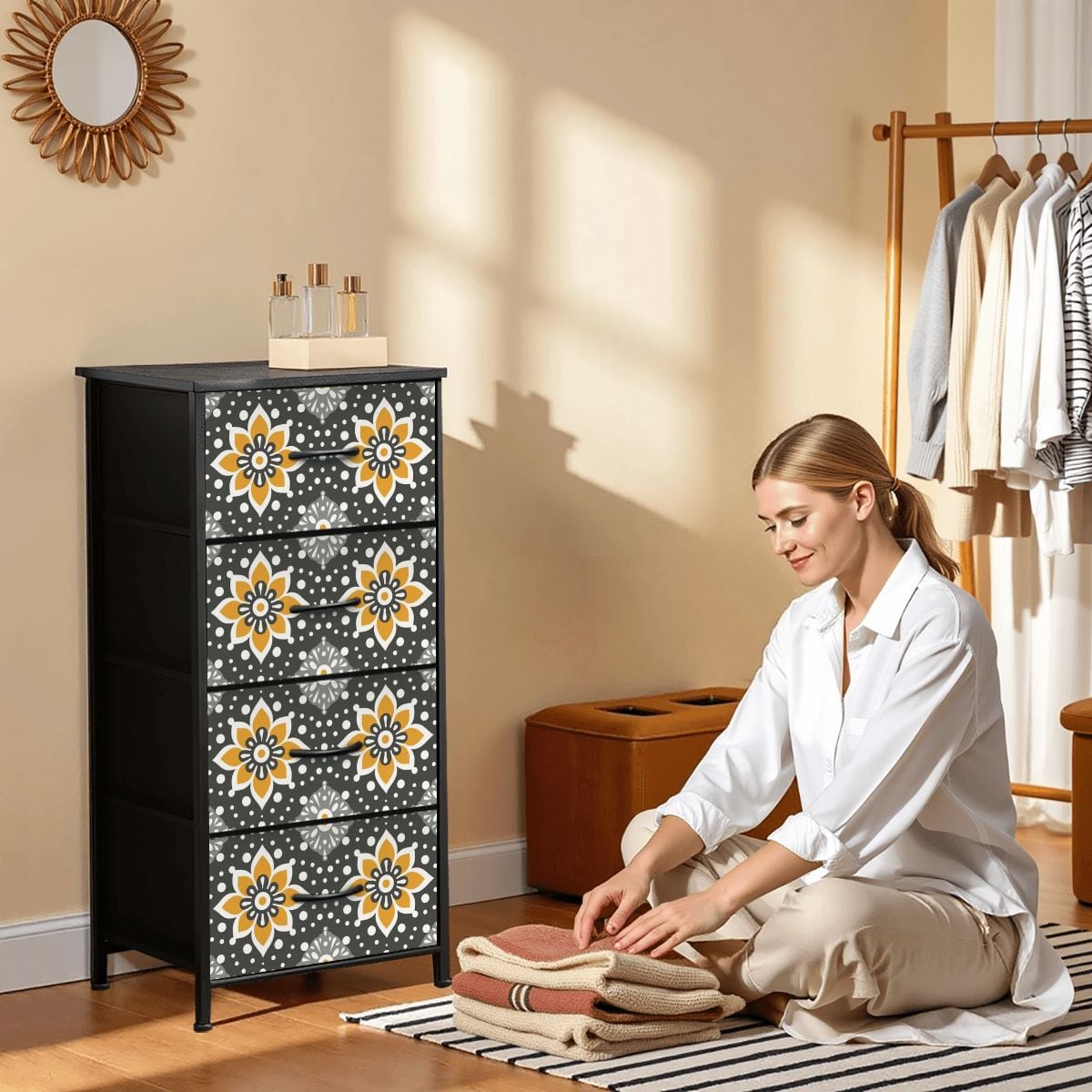 Floral Bohemian Retro Gray Yellow Modern 4-Drawer Dresser - Mid Century Modern Gal