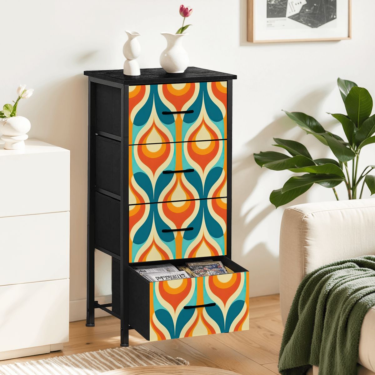 Mid Century Modern Orange Teal Mustard Yellow Retro Mod 4-Drawer Dresser - Mid Century Modern Gal