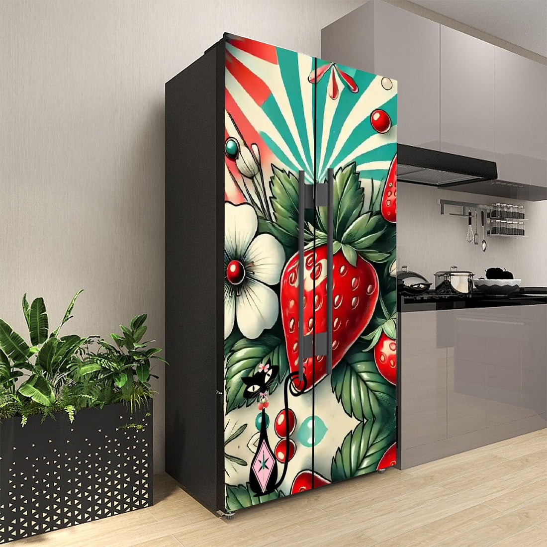 Atomic Cat Vintage Strawberry Retro Mod Self Adhesive Refrigerator Wrap Set - Mid Century Modern Gal