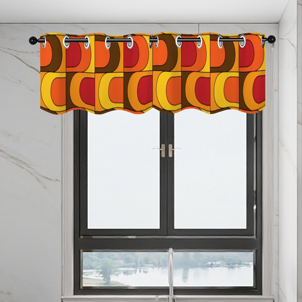 Retro Kitschy Mod Orange Yellow Brown Red 70s Designed Valance Curtains - Mid Century Modern Gal