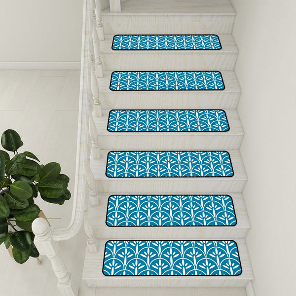 Art Deco Stair Tread Carpets | Blue And White Mid Century Modern Style Non Slip Carpet for Stairs Treads