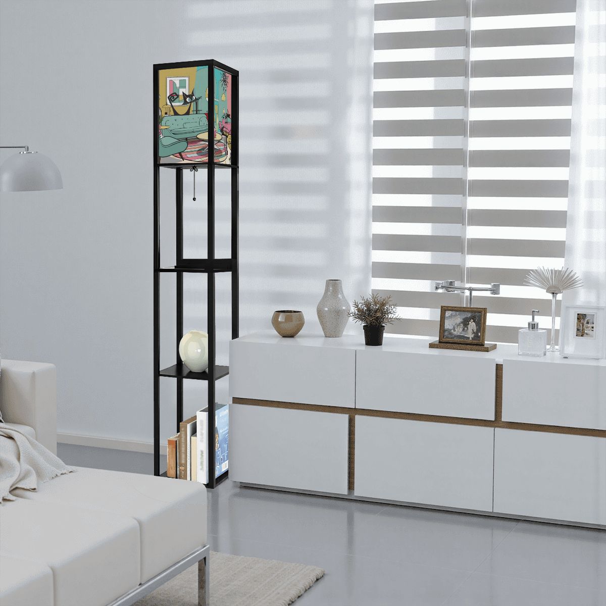 Mid Mod Retro Floor Lamp with Shelves, Adorned With Atomic Kitschy Cats In MCM Livingroom Scene - Mid Century Modern Gal