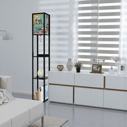 Mid Mod Retro Floor Lamp with Shelves, Adorned With Atomic Kitschy Cats In MCM Livingroom Scene - Mid Century Modern Gal