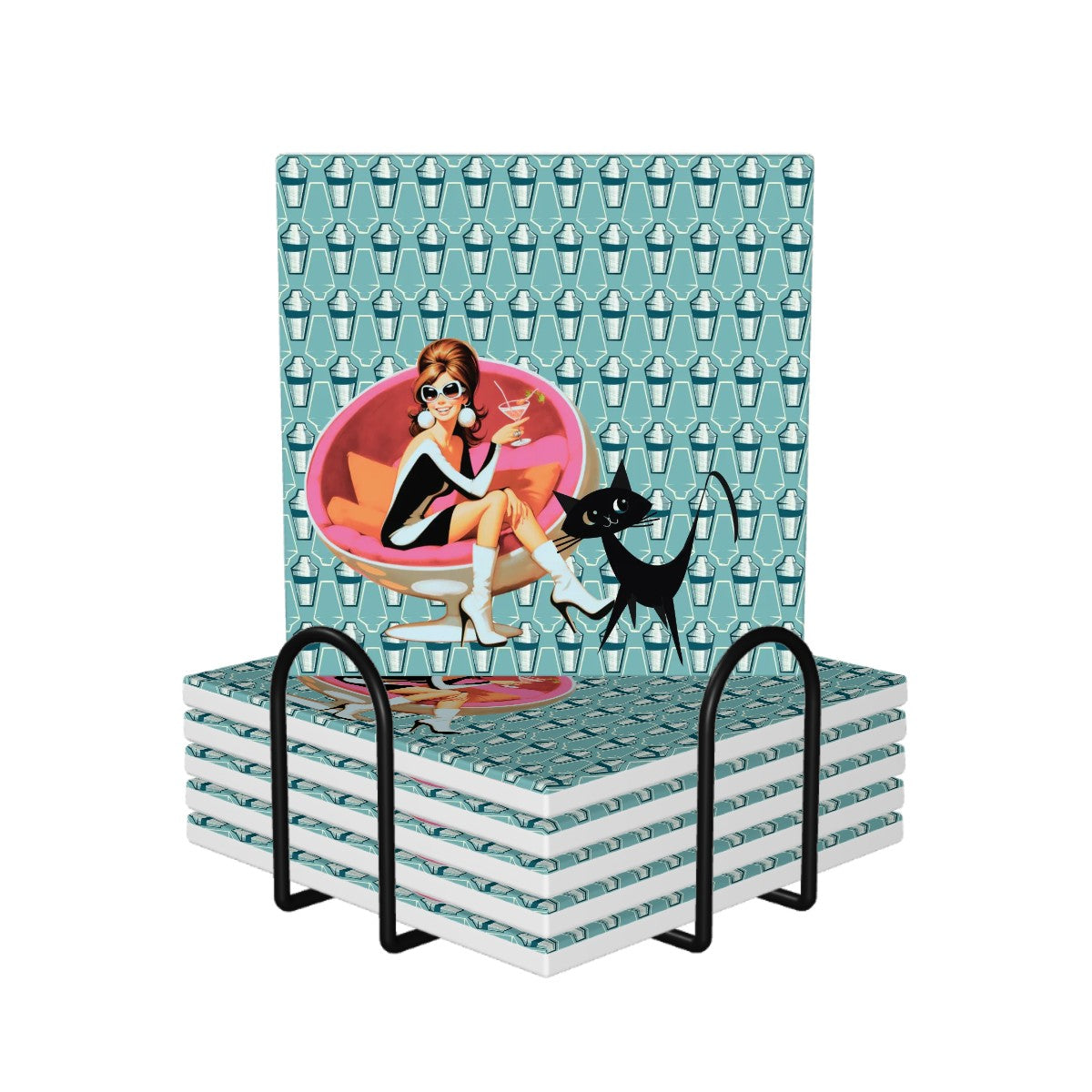 Atomic Cat Martini Shakers And Mid Mod Gal, Mid Century Modern Square Ceramic Coasters - Mid Century Modern Gal