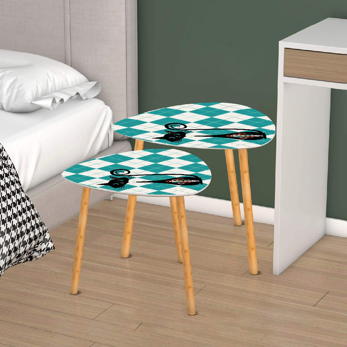 Atomic Cat Retro Mid Mod Nesting Tables, Argyle Teal Diamond MCM Home Decor - Mid Century Modern Gal