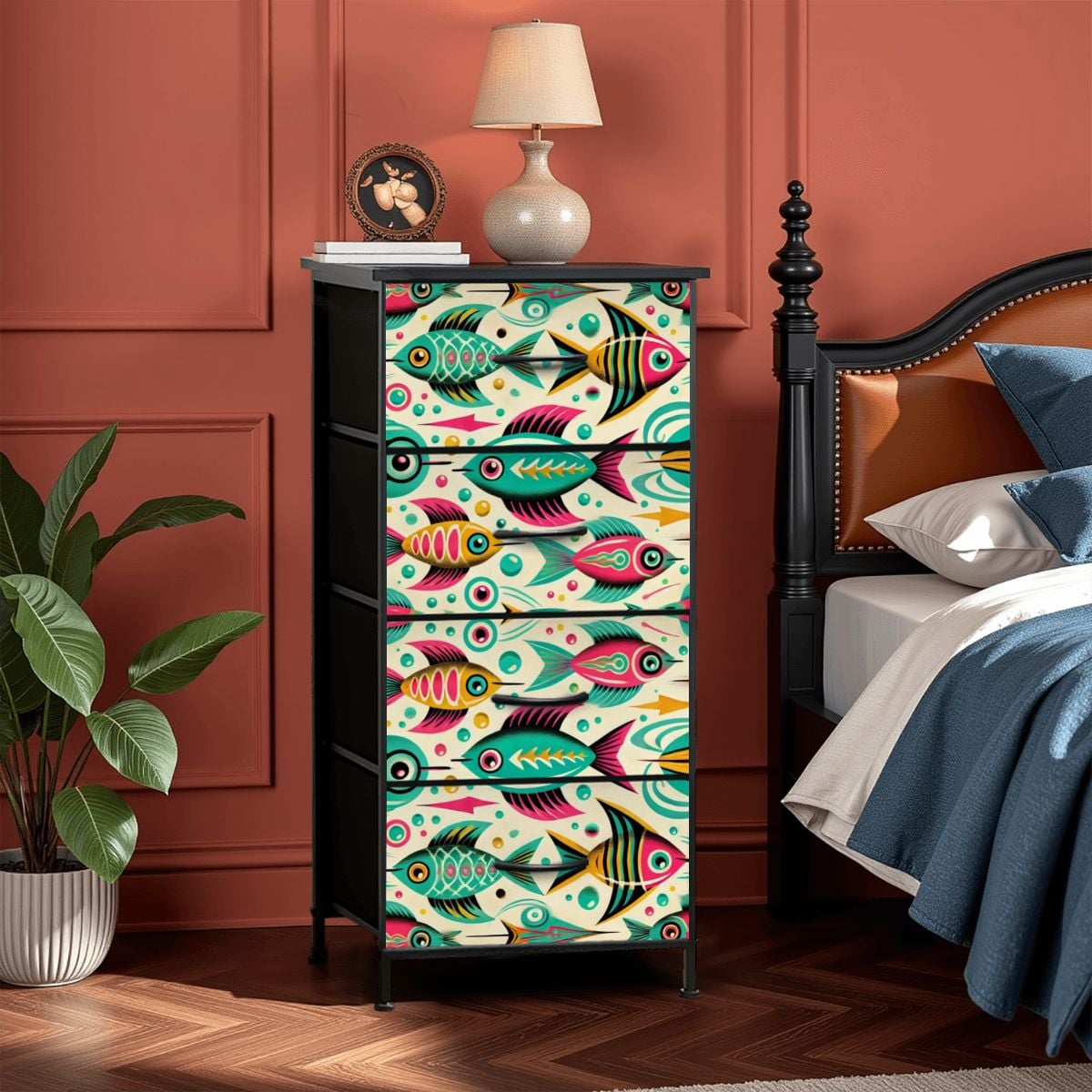 Atomic Fish Art Decor, Whimsical Kitschy Fish Mid Century Modern 4-Drawer Dresser - Mid Century Modern Gal